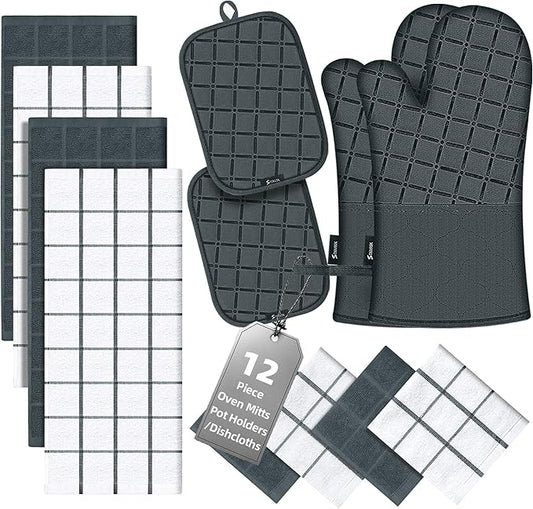 Oven Mitts Pot Holders Sets/Kitchen Towels and Dishcloths,Oven Gloves Kitchen Dish Towels 500 Degree Heat Resistant Potholders with Non-Slip Silicone Surface for Cooking,Grilling,Baking-Deep Green