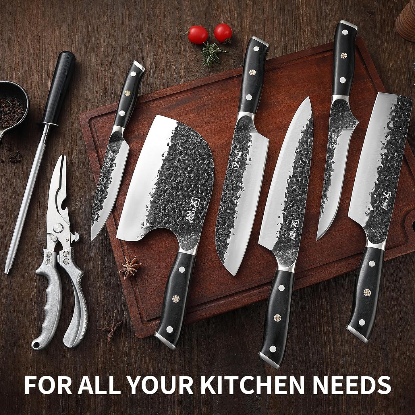 Chef Knife Set, Hand Forged Meat Boning Carving Cleaver Butcher Knife, High Carbon Steel Japan Nakiri Santoku Knife Set with Accessories for Kitchen, BBQ Camping Knives Set with Bag