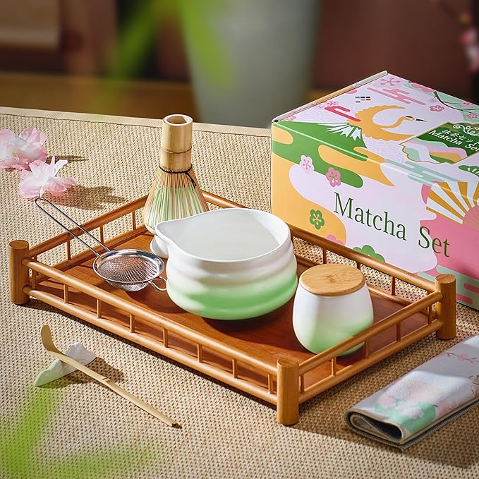 Matcha Whisk Set, Green Matcha Kit, 8 Pcs Matcha Set Includes Matcha Bowl with Spout, Matcha Whisk and Holder, Ceramic Tea Caddy, Bamboo Scoop, Scoop Rest, Sifter and Tea Towel, Gift for Tea Lover