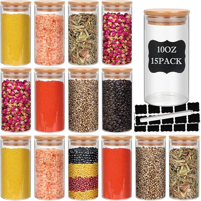 Glass Food Storage Containers Jars with Airtight Bamboo Lid 10 oz 15 pcs, 290 ml Pantry Organization Jar, Glass Terrarium with Lid, Spice, Flour and Sugar Container, Canister Set for Kitchen Counter