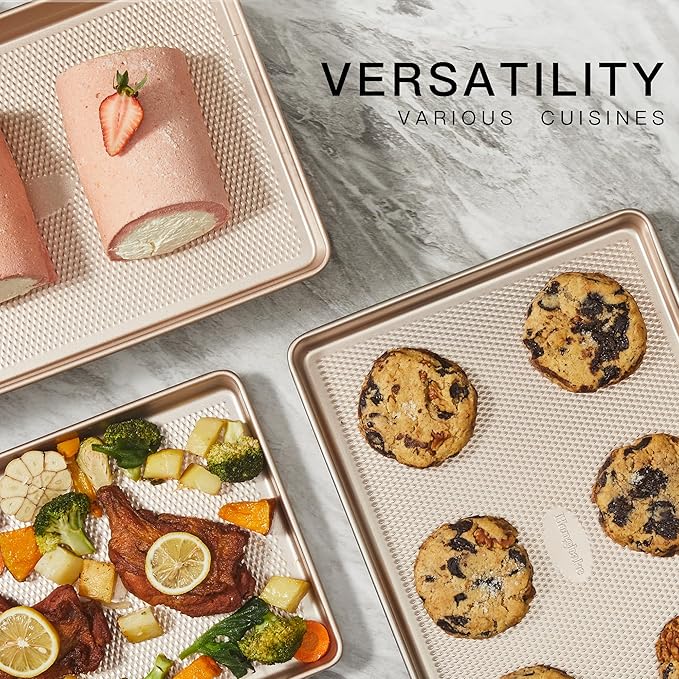 Half Cookie Sheet Pan for Baking - HONGBAKE Nonstick Baking Sheet with Diamond Texture Surface, 57% Thicker Carbon Steel Commercial Cookie Trays for Oven