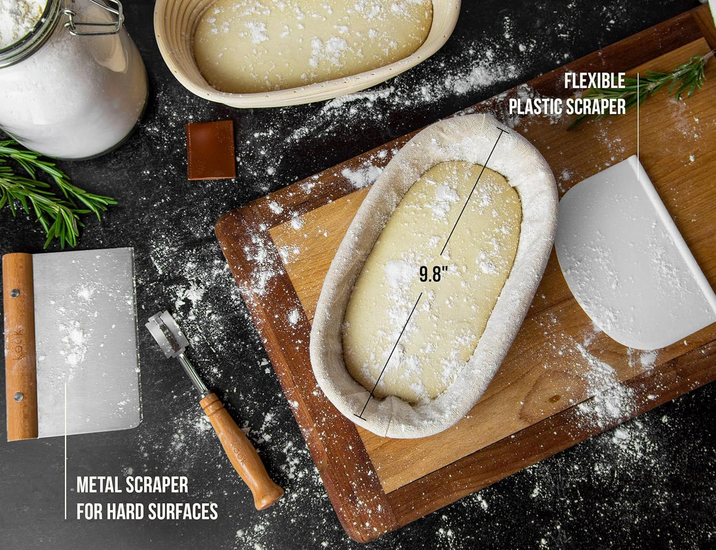 Kook Banneton Bread Proofing Set, Artisan Sourdough Bread Making Kit, 9.8 Inch Rattan Baskets and Liners, Metal & Plastic, Scrapers, Scoring Lame & Case, 4 Extra Blades, Set of 2, Oval