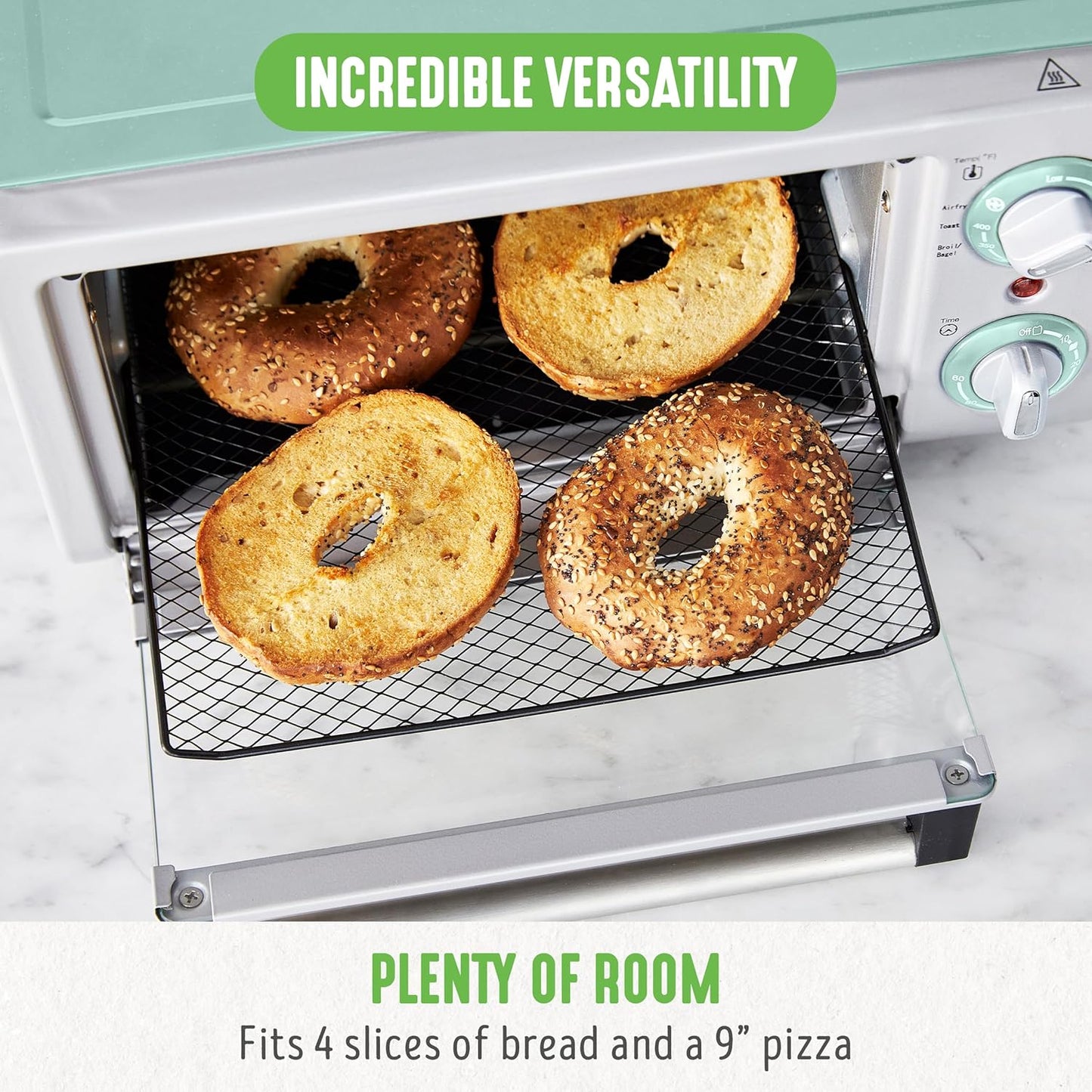 GreenLife Countertop Toaster Oven Air Fryer Stainless Steel, Healthy Ceramic Nonstick, PFAS and PFOA-Free, Tray & Basket, Bake, Broil, Reheat, Adjustable Temp & Time Control, Auto Shutoff, Turquoise