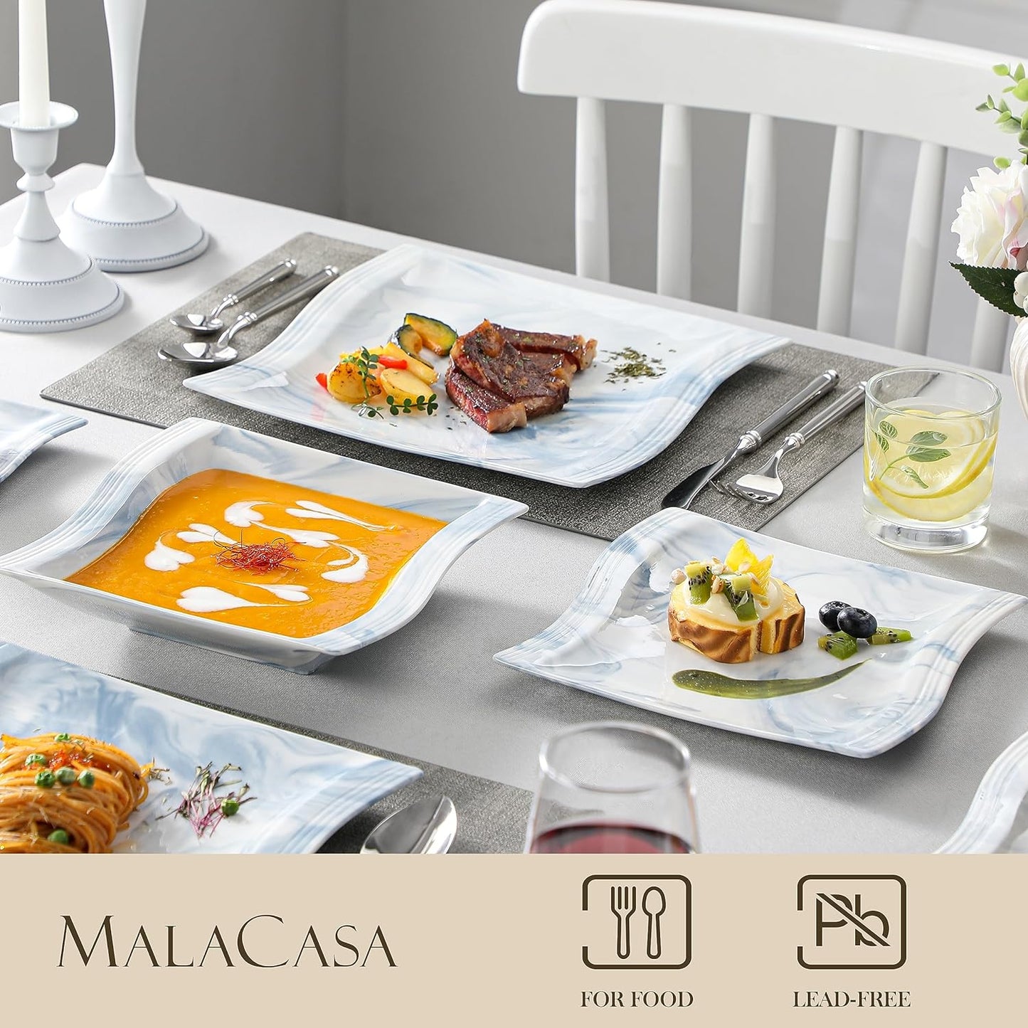 MALACASA Plates and Bowls Sets, 26 Piece Blue Dinnerware Sets for 6, Porcelain Dinner Set with Set, Dishes, Cereal Serving Platters, Kitchen Plate Bowl Series FLORA, 26 Piece(Service for 6)