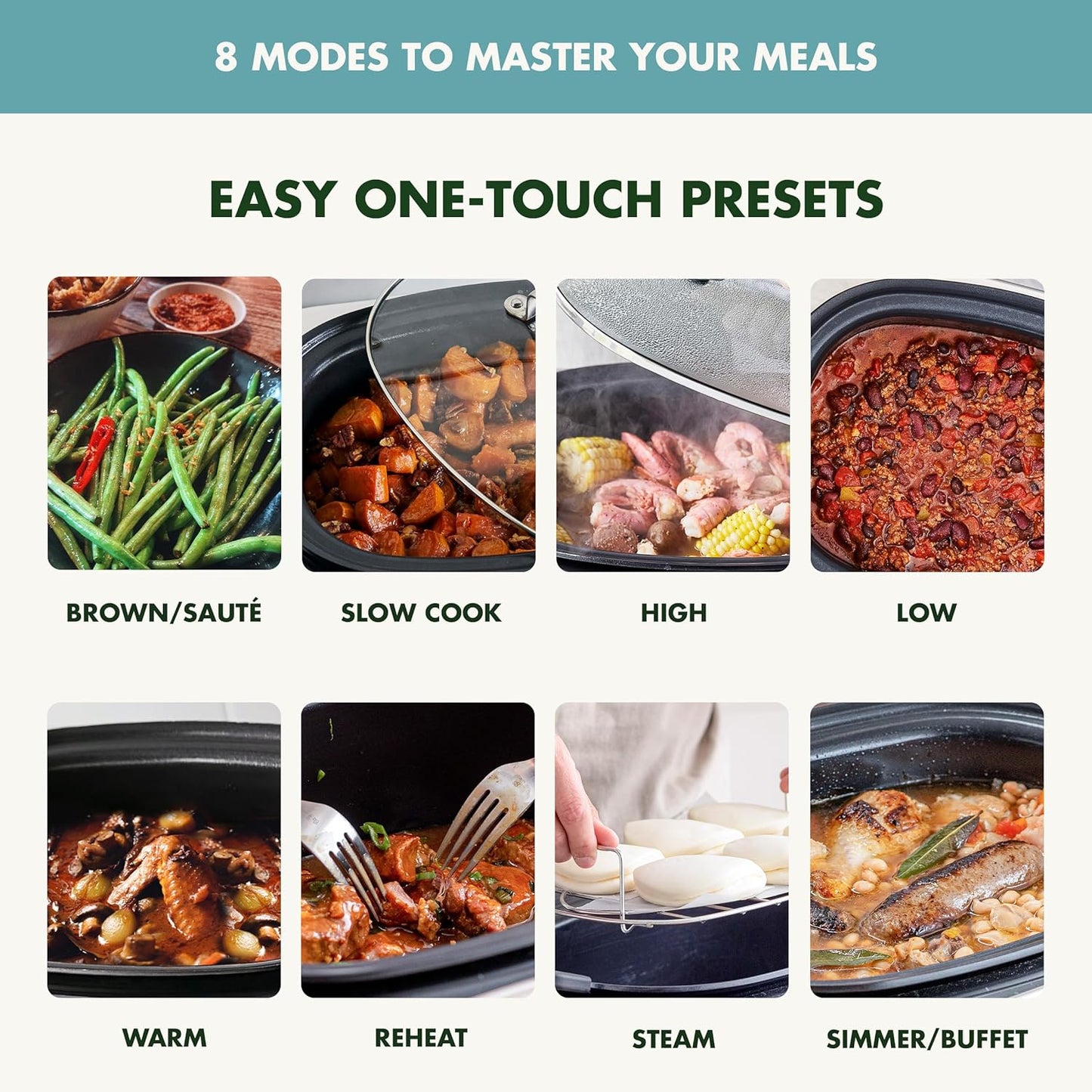 GreenPan Elite 8-in-1 Programmable 6QT Electric Slow Cooker, Dishwasher Safe Lid & Removable Crock, PFAS-Free Healthy Ceramic Nonstick Multi-Cooker, Sear, Sauté,Brown, Steam Basket, Roast, Deep Teal