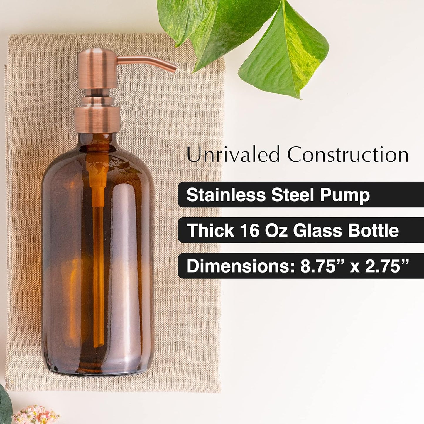Vine Creations Amber Glass Soap Dispenser, 2 Pack Kitchen Soap Dispenser Set with Stainless Steel Pump, 16 oz Dish Soap and Hand Soap Dispensers for Bathroom with Waterproof Labels
