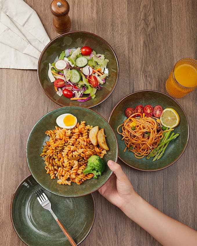 16 Piece Double Bowl Dinnerware Sets with Pasta Bowls, Highly Chip and Crack Resistant Plates and Bowls Sets, Natural Earthyware Ceramic Dishware Sets, Service for 4 Sage Green