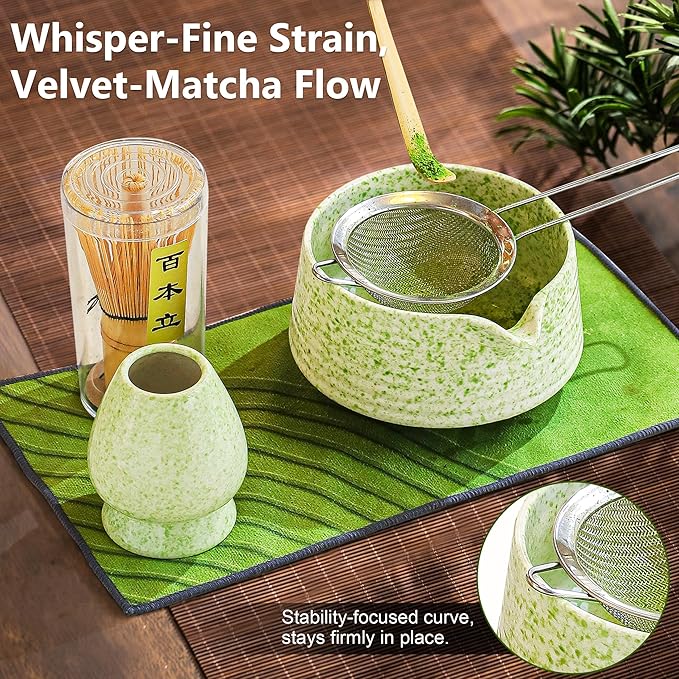 BEWOS 8 Pcs Matcha Whisk Set - 18OZ Ceramic Bowl with Spout, Matcha Sifter, Matcha Whisk Holder & Bamboo Matcha Whisk | Matcha Scoop, Complete Japanese Tea Ceremony Kit for Matcha Lover(Mottled Green)