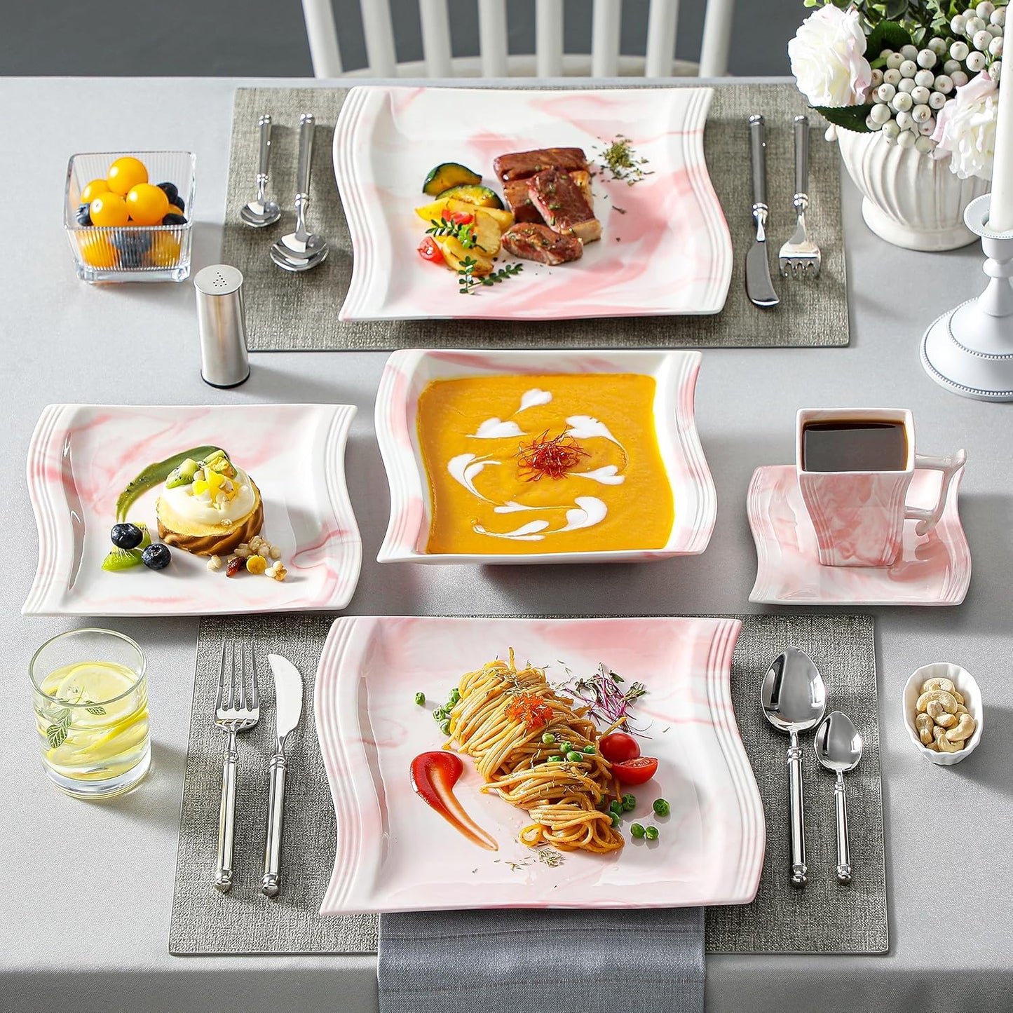 MALACASA Dinnerware Sets, 30-Piece Pink Plates and Bowls Sets for 6, Porcelain Dinnerware Set with Plates and Bowls, Cups and Sacuers, Square Dish Set, Modern Dining Ware Set, Series Flora